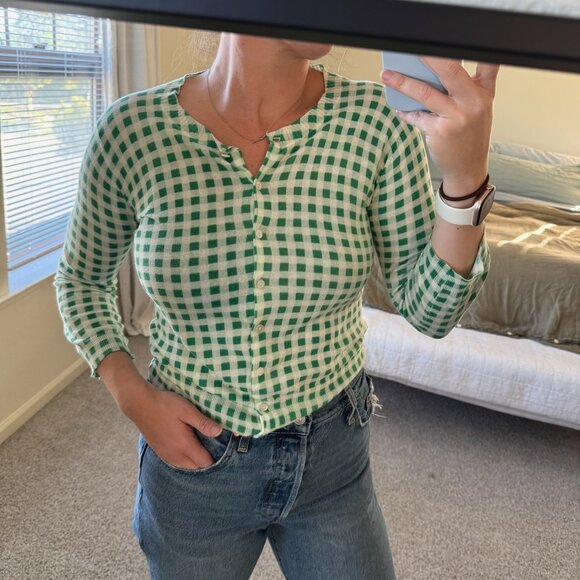 Anthropologie Moth Green Gingham Lightweight Cardigan - Picture 8 of 9